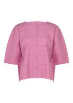 The TOWER PLEATS blouse from me ISSEY MIYAKE is a pink, short-sleeve top featuring delicate pleats, a round neckline, vertical button-down front, and subtle horizontal dotted lines for added texture—ideal for layering under your favorite fine knit cardigan. - ROSE PINK （no.20）