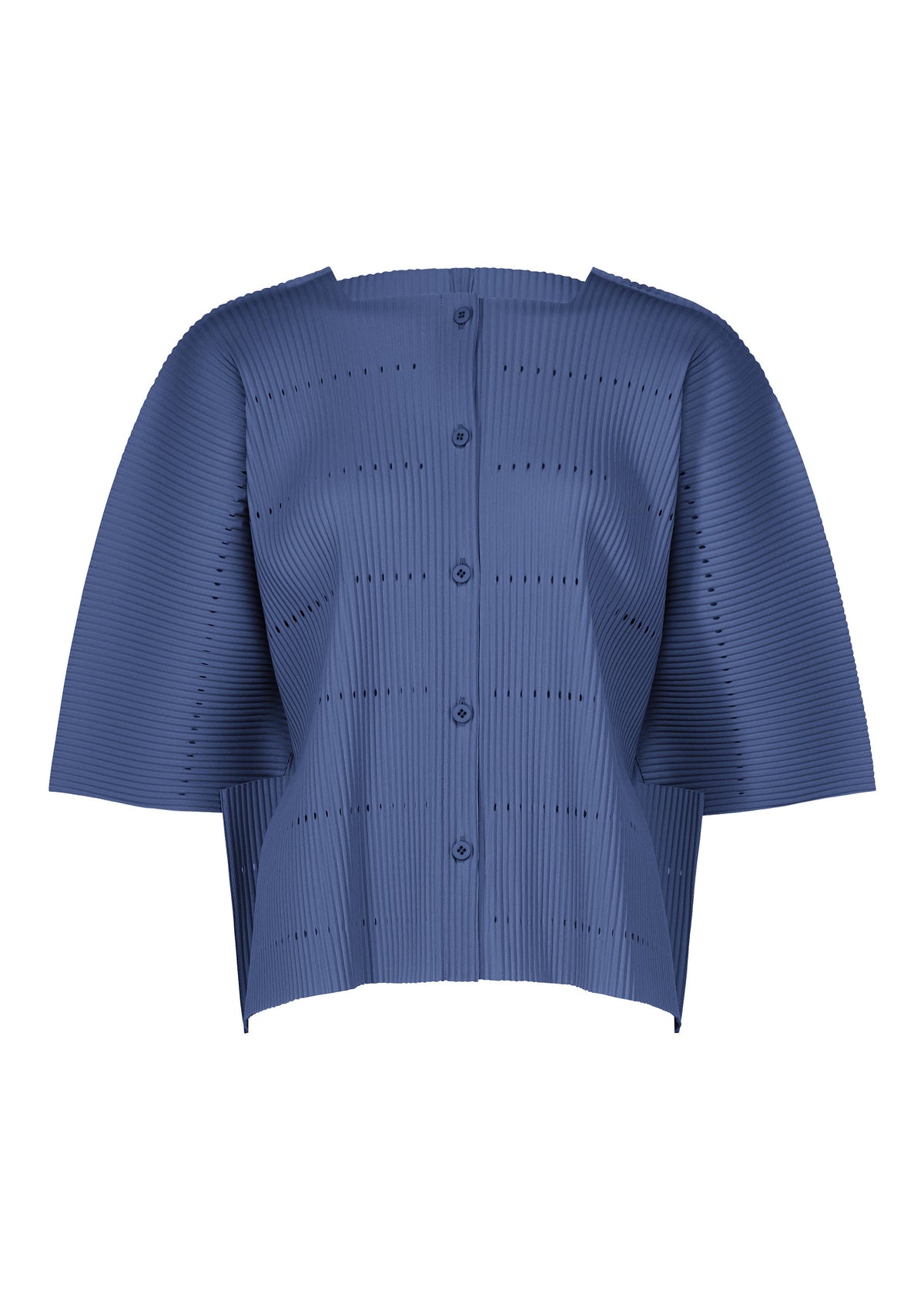 The TOWER PLEATS blouse by me ISSEY MIYAKE is a blue, short-sleeved, button-up top featuring pleated fabric and a boxy, structured silhouette reminiscent of a pleats cardigan, displayed on a white background. view 2 of 8