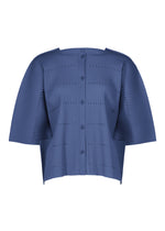 The TOWER PLEATS blouse by me ISSEY MIYAKE is a blue, short-sleeved, button-up top featuring pleated fabric and a boxy, structured silhouette reminiscent of a pleats cardigan, displayed on a white background. - BLUE （no.72）