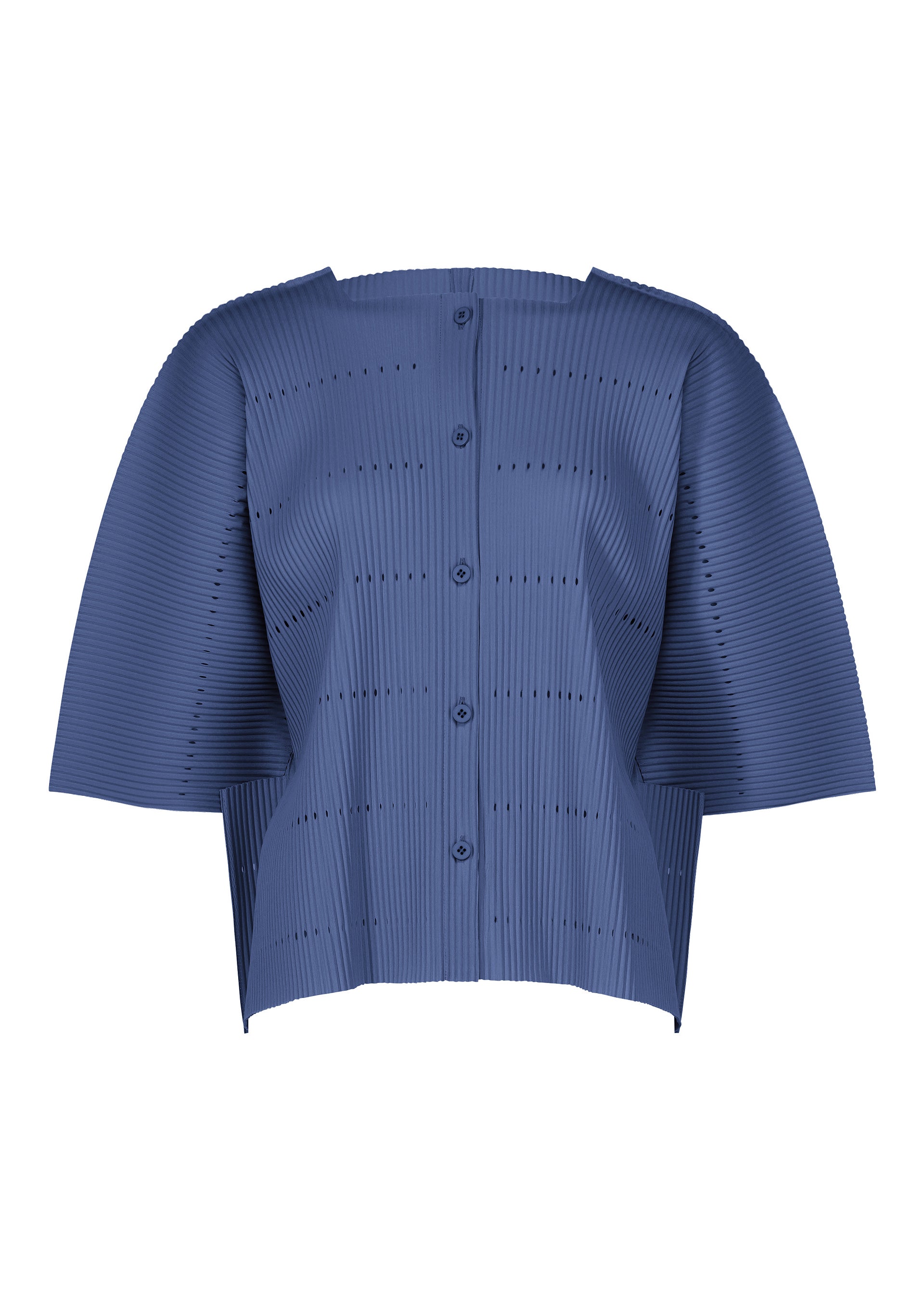 Zoomed view The TOWER PLEATS blouse by me ISSEY MIYAKE is a blue, short-sleeved, button-up top featuring pleated fabric and a boxy, structured silhouette reminiscent of a pleats cardigan, displayed on a white background. - BLUE （no.72）