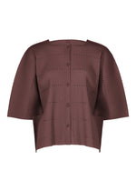 Introducing TOWER PLEATS by me ISSEY MIYAKE: This brown, boxy-fit blouse features short sleeves, front buttons, and distinctive pleating reminiscent of a lightweight knit cardigan. Its fabric is adorned with horizontal and vertical textured lines for subtle visual intrigue. - BORDEAUX （no.84）