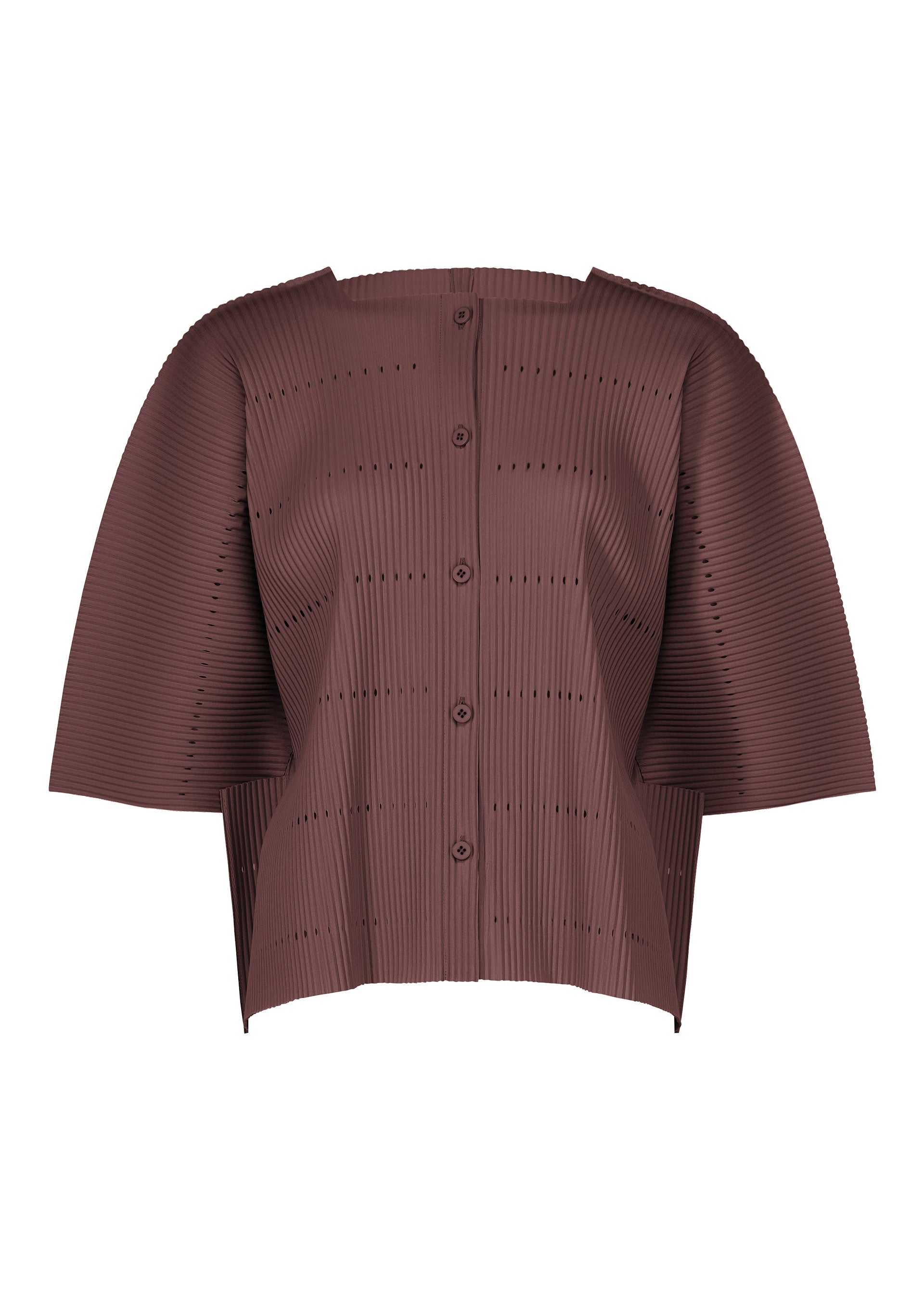 Zoomed view Introducing TOWER PLEATS by me ISSEY MIYAKE: This brown, boxy-fit blouse features short sleeves, front buttons, and distinctive pleating reminiscent of a lightweight knit cardigan. Its fabric is adorned with horizontal and vertical textured lines for subtle visual intrigue. - BORDEAUX （no.84）