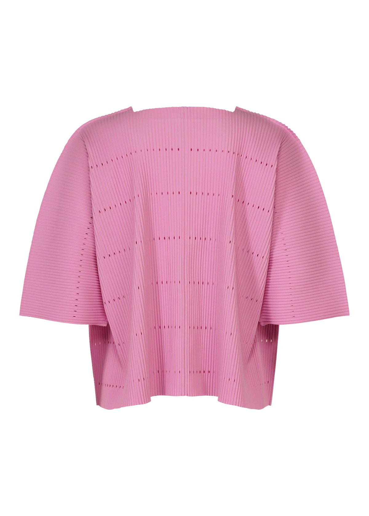 Discover the TOWER PLEATS top by me ISSEY MIYAKE—a pleated, oversized pink piece featuring wide sleeves and subtle horizontal cut-out details. Reminiscent of a structured cardigan, its sculptural fabric gives the garment a strikingly modern, architectural appearance. view 4 of 8