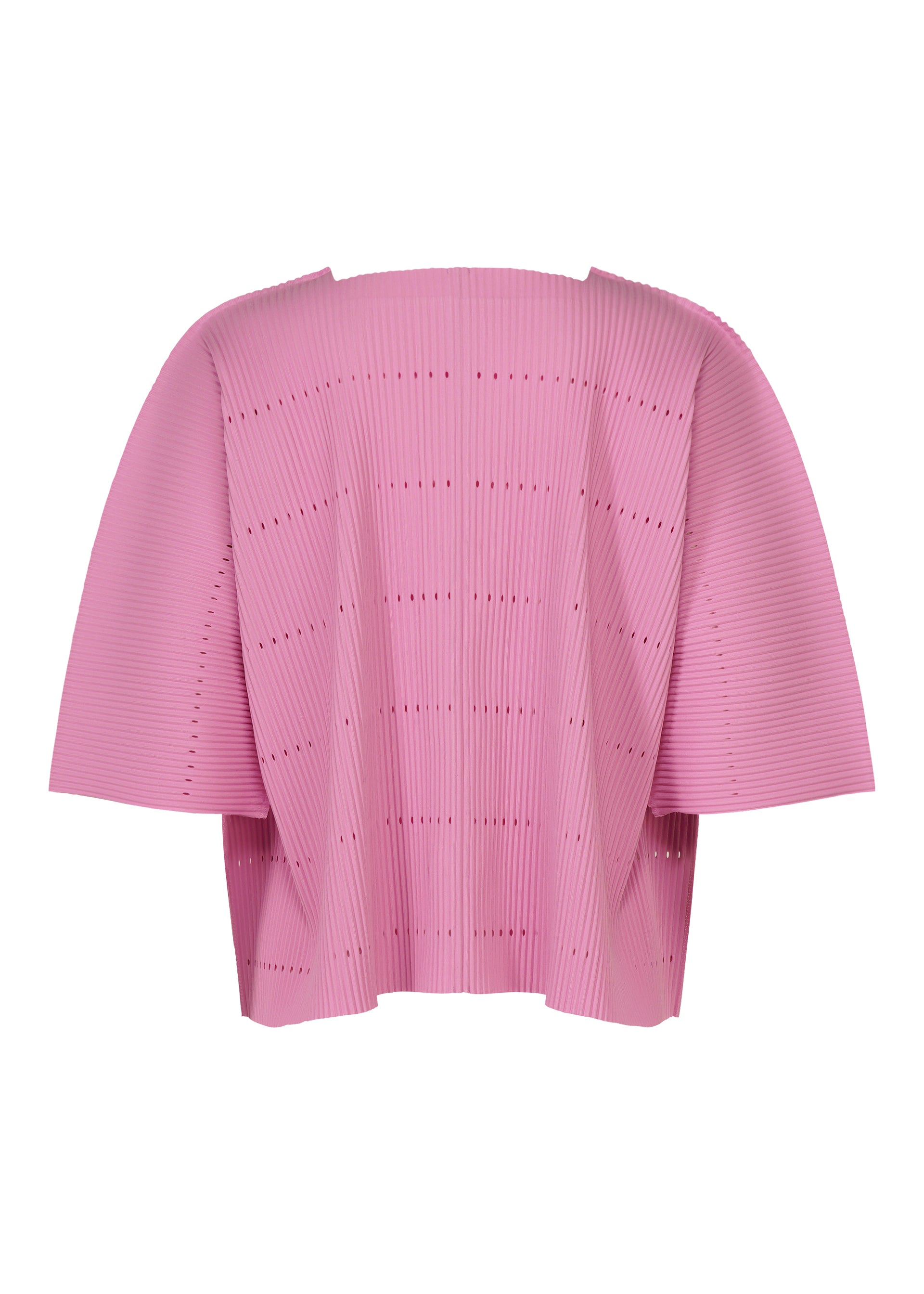 Zoomed view Discover the TOWER PLEATS top by me ISSEY MIYAKE—a pleated, oversized pink piece featuring wide sleeves and subtle horizontal cut-out details. Reminiscent of a structured cardigan, its sculptural fabric gives the garment a strikingly modern, architectural appearance.