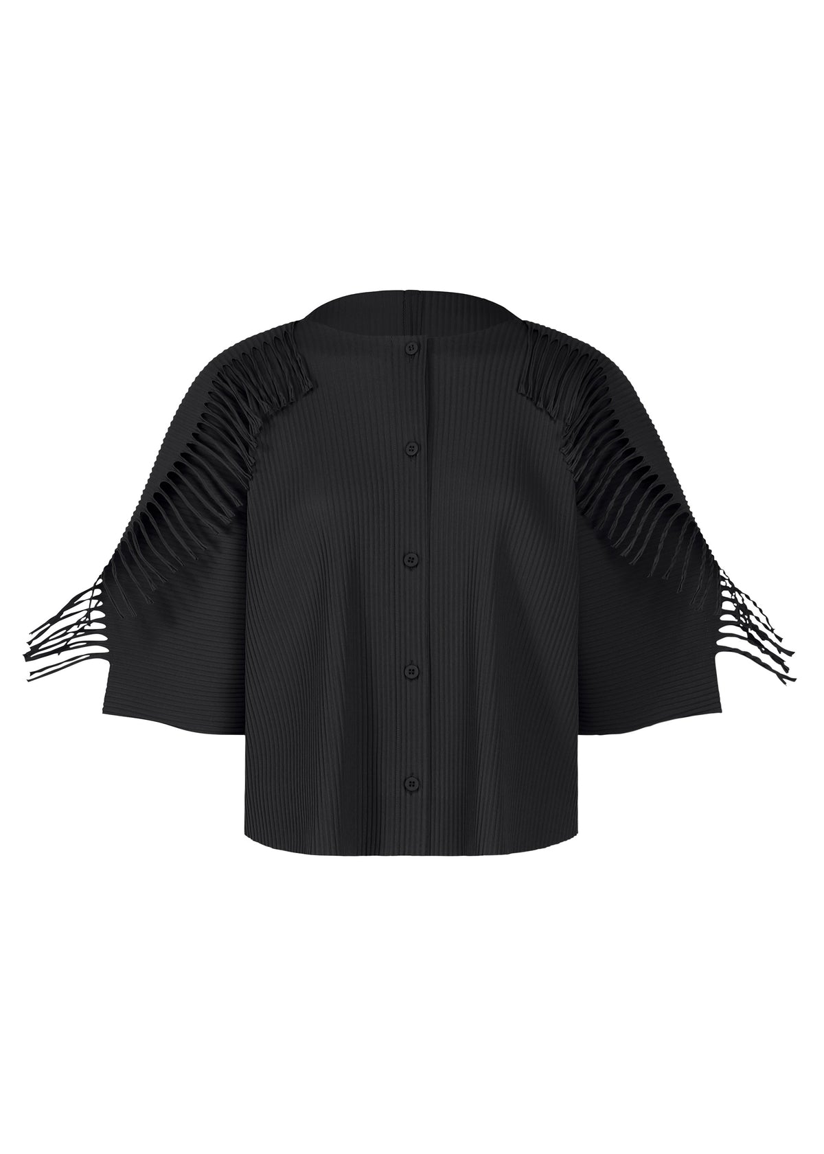 The LEAF PLEATS cardigan by me ISSEY MIYAKE is a black, short-sleeved, button-up pleated piece featuring distinctive cut-out fringe detailing along the shoulders and sleeves. view 1 of 7