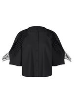 The LEAF PLEATS cardigan by me ISSEY MIYAKE is a black, short-sleeved, button-up pleated piece featuring distinctive cut-out fringe detailing along the shoulders and sleeves. - BLACK （no.15）