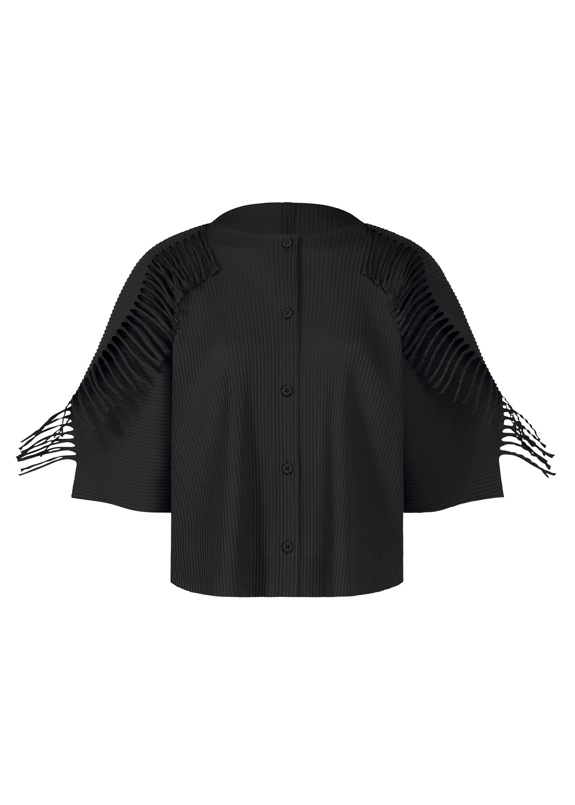 Zoomed view The LEAF PLEATS cardigan by me ISSEY MIYAKE is a black, short-sleeved, button-up pleated piece featuring distinctive cut-out fringe detailing along the shoulders and sleeves. - BLACK （no.15）
