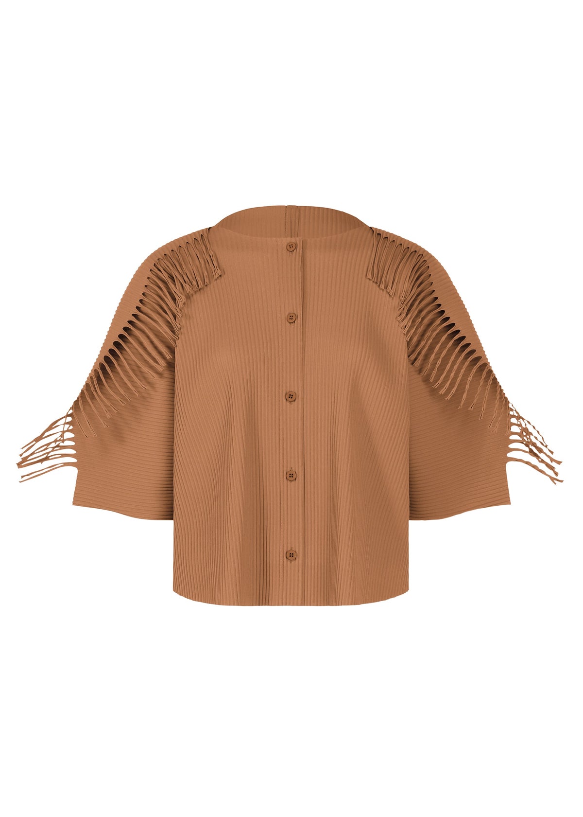 The LEAF PLEATS short-sleeve blouse from me ISSEY MIYAKE features finely pleated brown fabric, a button-down front, and distinctive fringed cutouts along the shoulders and upper sleeves—style it with a fine knit cardigan for an elegantly layered ensemble. view 2 of 7