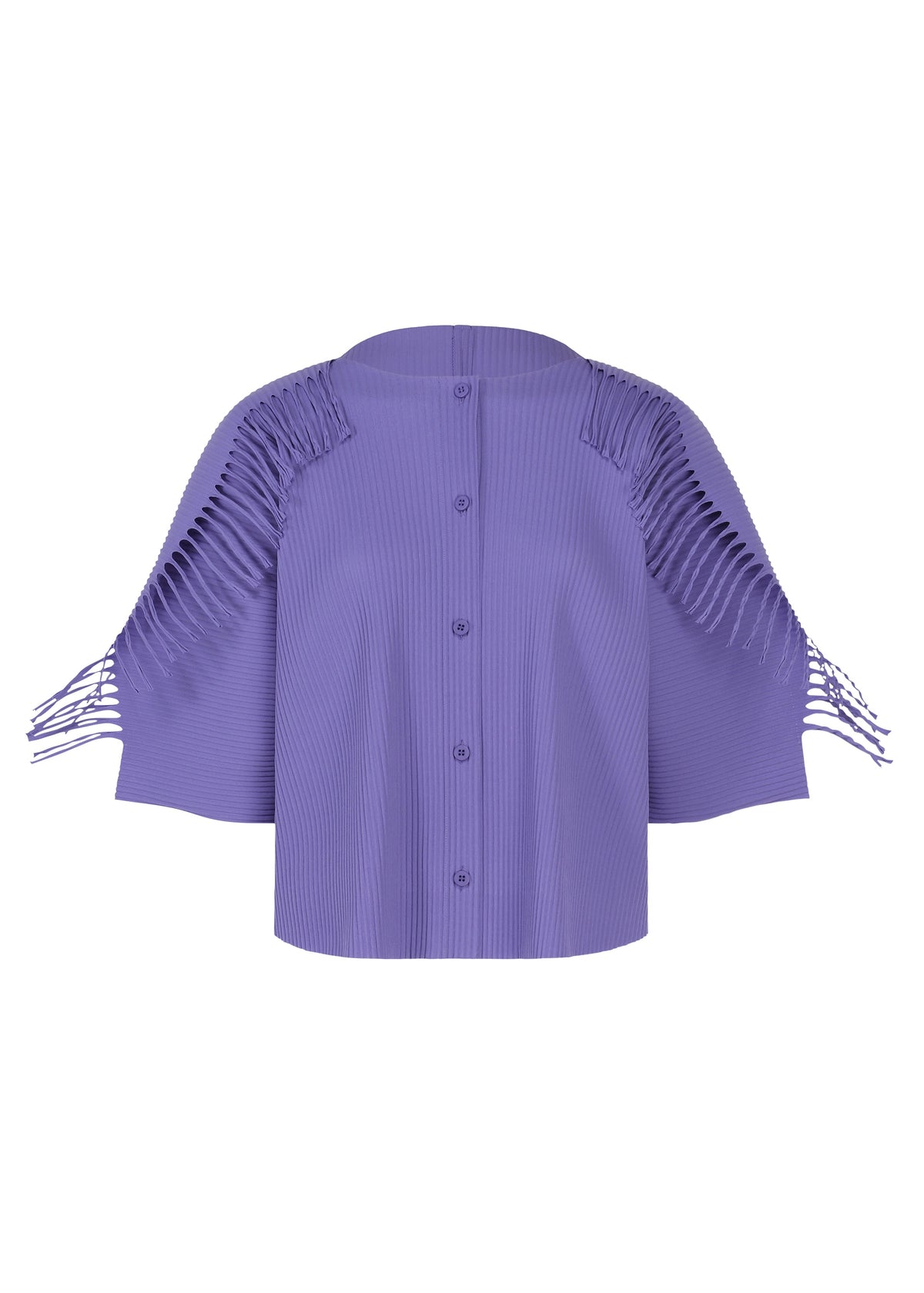 The LEAF PLEATS top by me ISSEY MIYAKE is a purple, short-sleeved, button-up design crafted from pleated fabric. Reminiscent of a refined knit cardigan, it features intricate cutout details along the shoulder seams for a touch of elegance. view 3 of 7