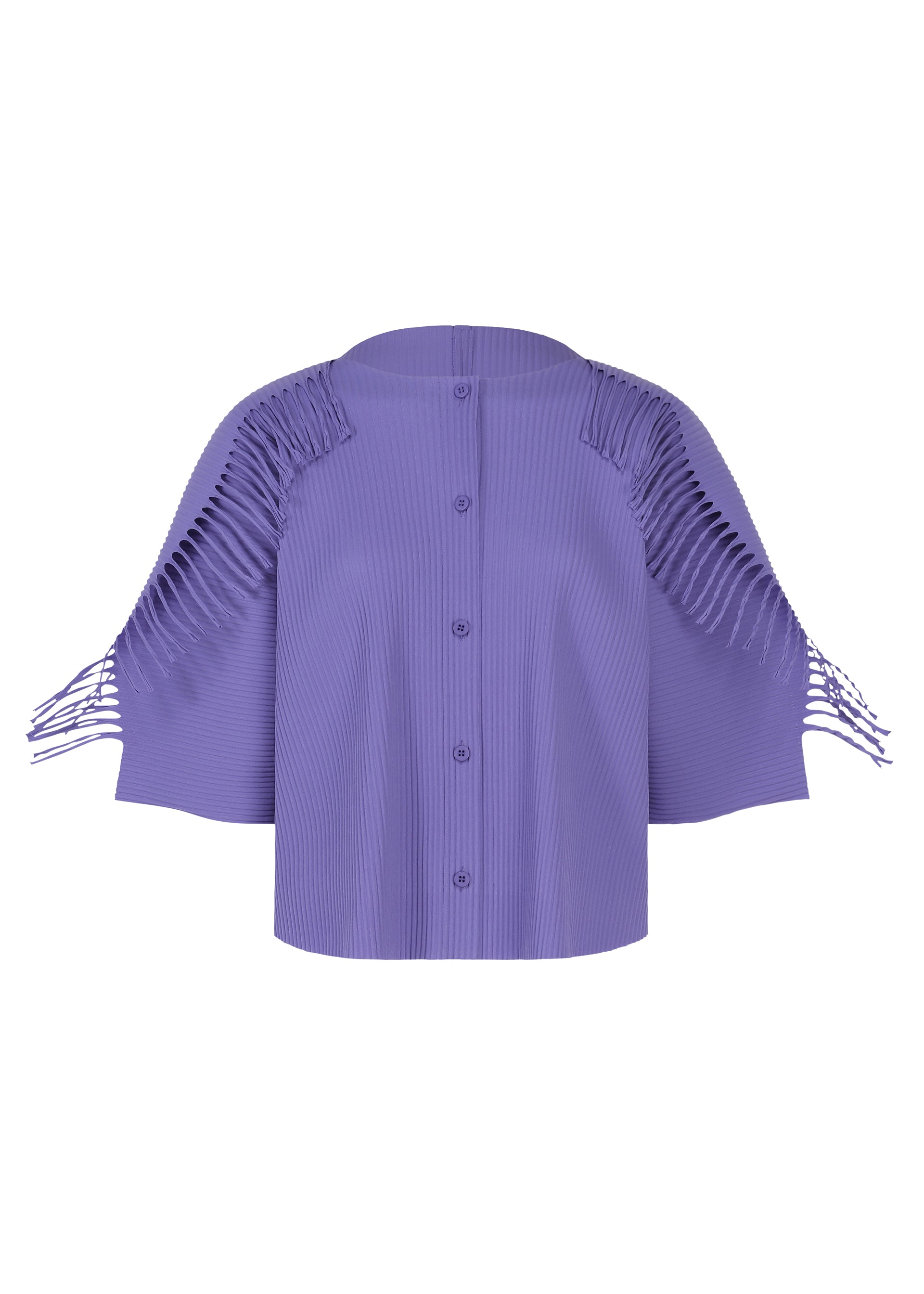 Zoomed view The LEAF PLEATS top by me ISSEY MIYAKE is a purple, short-sleeved, button-up design crafted from pleated fabric. Reminiscent of a refined knit cardigan, it features intricate cutout details along the shoulder seams for a touch of elegance. - PURPLE （no.81）