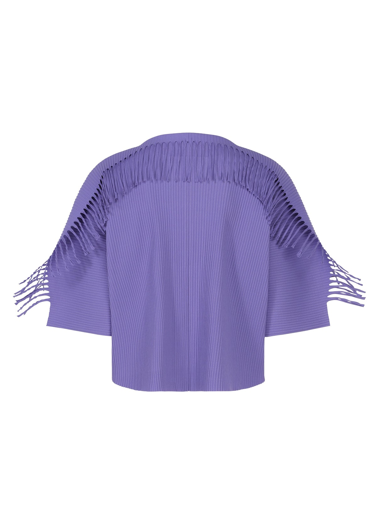 The LEAF PLEATS top by me ISSEY MIYAKE is a short-sleeved, boxy silhouette in lavender, featuring vertical pleats and a distinctive cut-out with fringe detailing along the upper back and shoulders. Its refined texture is reminiscent of a pleated cardigan. view 4 of 7