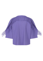The LEAF PLEATS top by me ISSEY MIYAKE is a short-sleeved, boxy silhouette in lavender, featuring vertical pleats and a distinctive cut-out with fringe detailing along the upper back and shoulders. Its refined texture is reminiscent of a pleated cardigan.