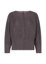 The MIX FINE KNIT PLEATS by me ISSEY MIYAKE is a lightweight, dark gray long-sleeved cardigan with a fine rib knit, round neckline, and front buttons. - TAUPE-HUED （no.18）