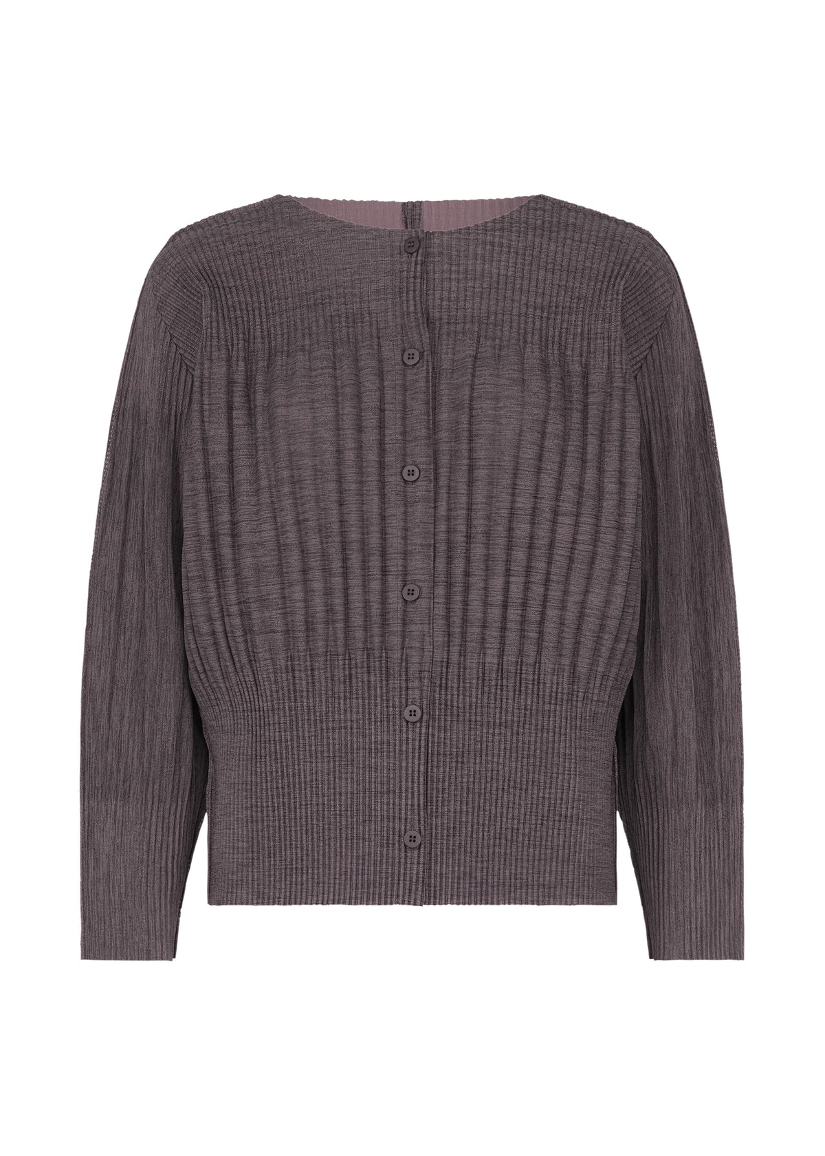 Zoomed view The MIX FINE KNIT PLEATS by me ISSEY MIYAKE is a lightweight, dark gray long-sleeved cardigan with a fine rib knit, round neckline, and front buttons. - TAUPE-HUED （no.18）