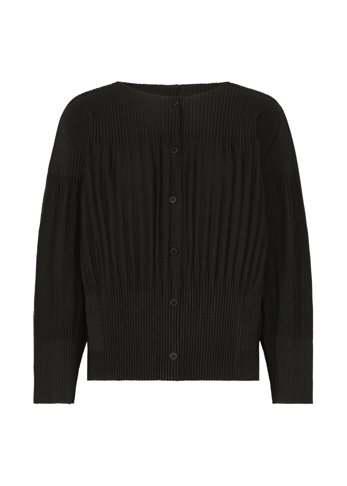 Zoomed view The MIX FINE KNIT PLEATS by me ISSEY MIYAKE is a black, fine-knit cardigan with long sleeves, button-up front, round neckline, and vertical pleats on the front and sleeves. - BLACK-HUED （no.19）