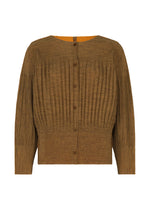 MIX FINE KNIT PLEATS by me ISSEY MIYAKE: brown fine knit cardigan with long sleeves, ribbed texture, front buttons, and a round neckline, displayed on a plain white background. - ORANGE-HUED （no.39）