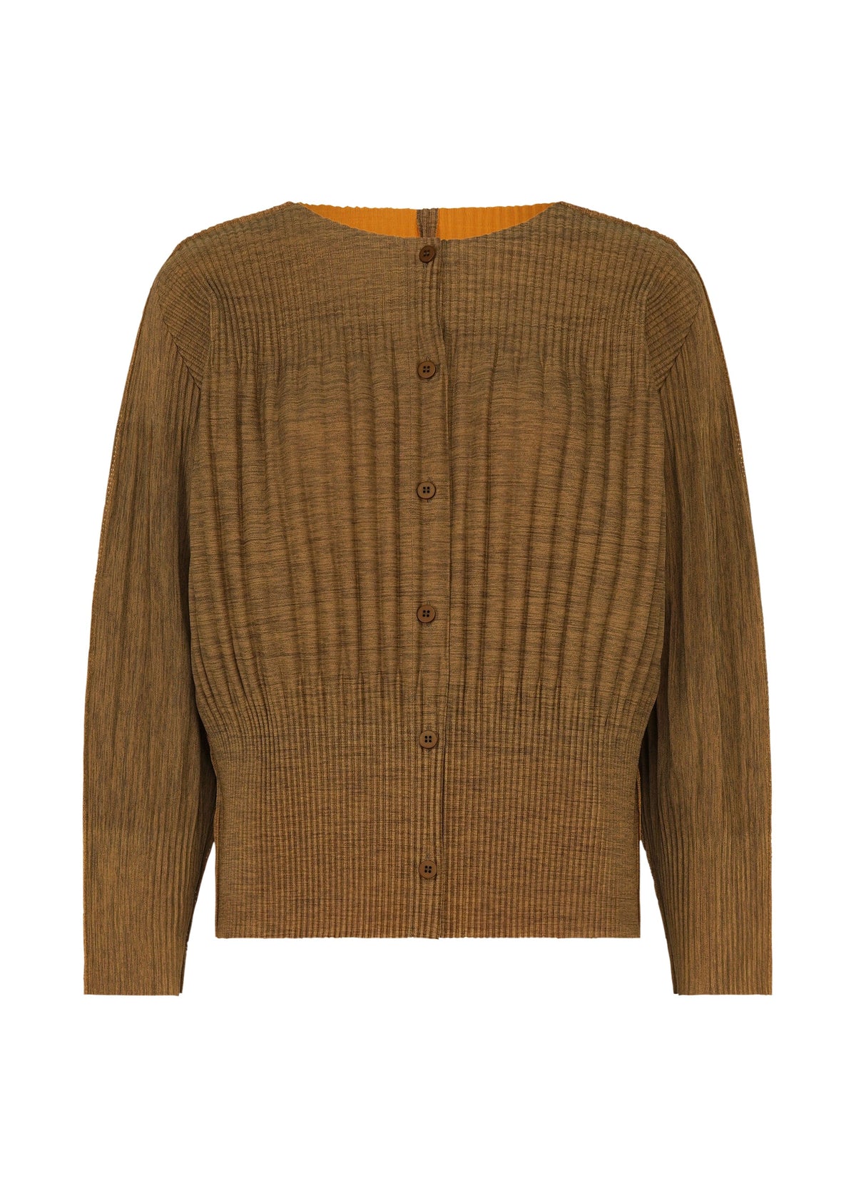 Zoomed view MIX FINE KNIT PLEATS by me ISSEY MIYAKE: brown fine knit cardigan with long sleeves, ribbed texture, front buttons, and a round neckline, displayed on a plain white background. - ORANGE-HUED （no.39）