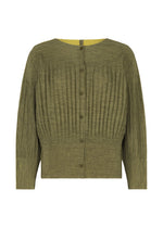 The MIX FINE KNIT PLEATS by me ISSEY MIYAKE is an olive green, fine knit cardigan with long sleeves, front buttons, ribbed crinkled texture, and a round neckline. Shown against a plain white background. - YELLOW-HUED （no.59）