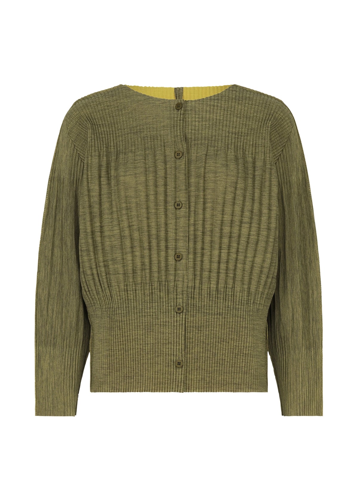 Zoomed view The MIX FINE KNIT PLEATS by me ISSEY MIYAKE is an olive green, fine knit cardigan with long sleeves, front buttons, ribbed crinkled texture, and a round neckline. Shown against a plain white background. - YELLOW-HUED （no.59）