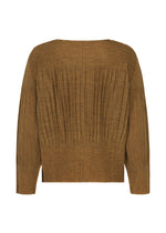 The MIX FINE KNIT PLEATS by me ISSEY MIYAKE is a brown, long-sleeved cardigan with vertical ribbing, a wide relaxed fit, and fine knit texture shown from the back.