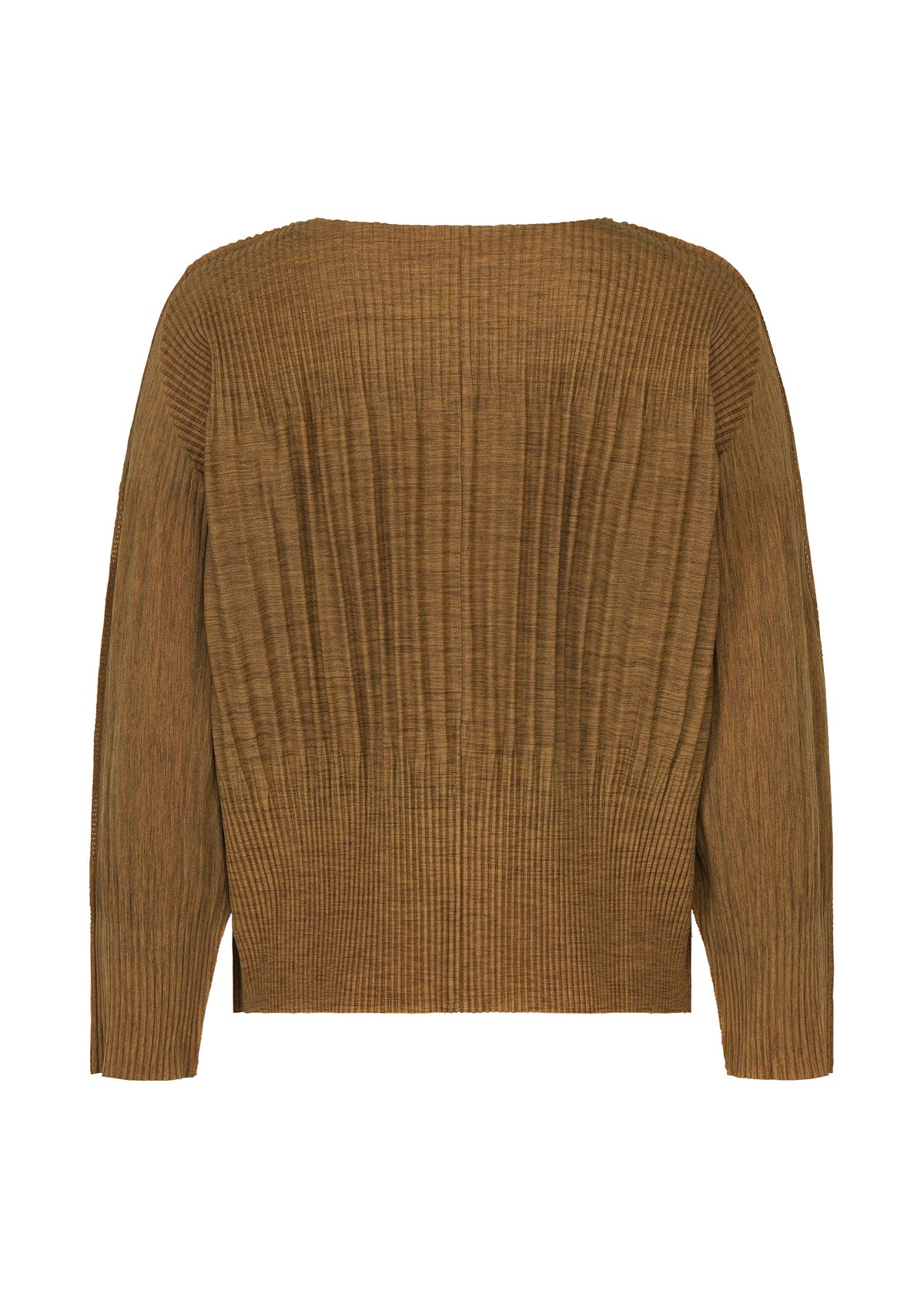 Zoomed view The MIX FINE KNIT PLEATS by me ISSEY MIYAKE is a brown, long-sleeved cardigan with vertical ribbing, a wide relaxed fit, and fine knit texture shown from the back.