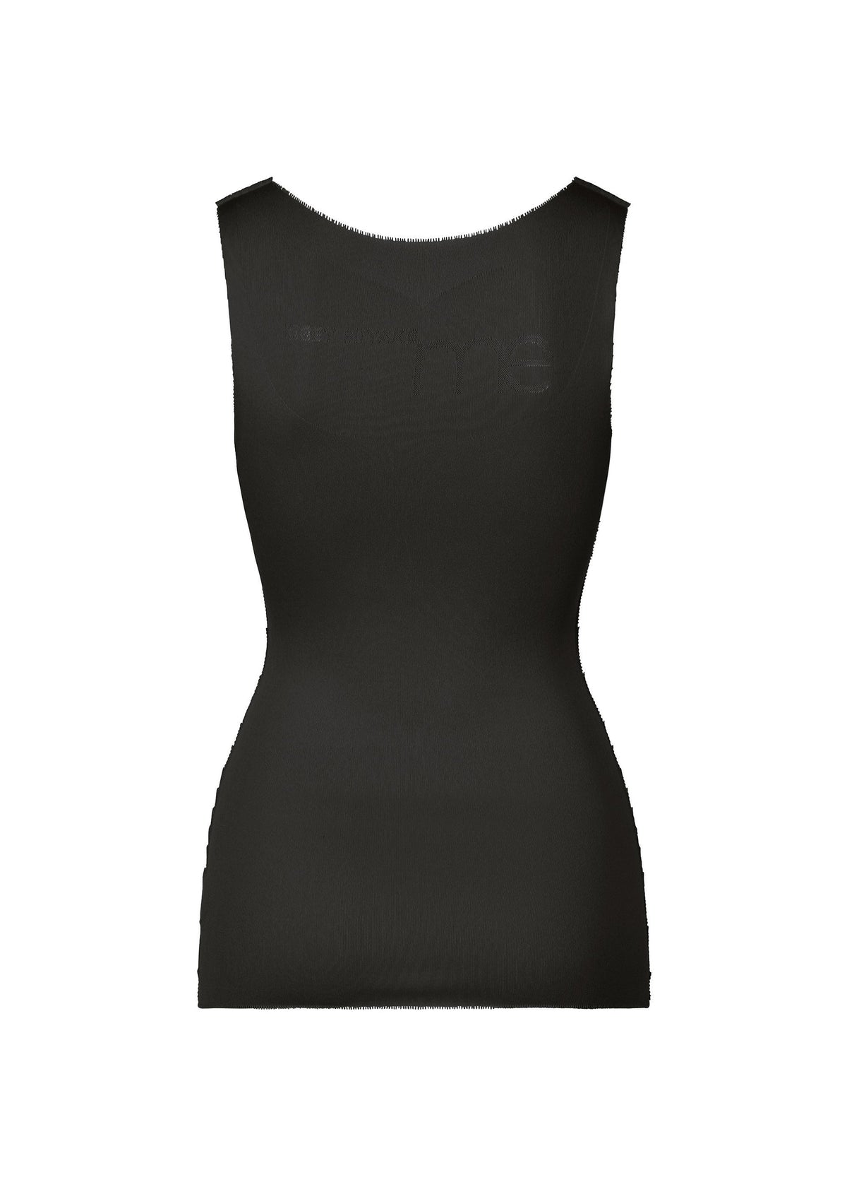 The FIT INNER by me ISSEY MIYAKE is a sleeveless, fitted black tank top with a crew neck, featuring quick-drying and moisture-wicking properties, shown against a plain white background. view 2 of 2