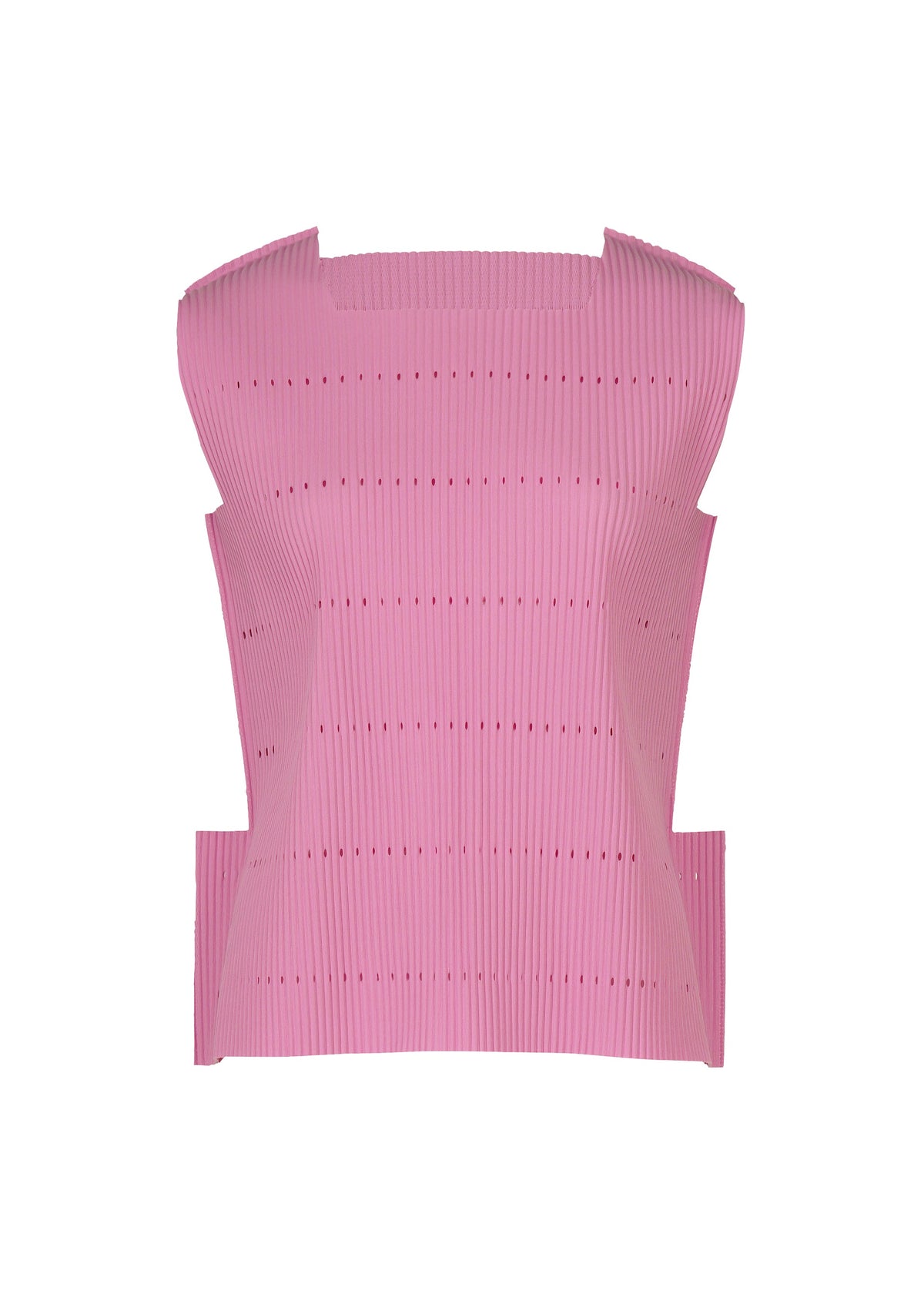 The TOWER PLEATS top by me ISSEY MIYAKE is a sculptural, sleeveless piece crafted from fine ribbed pink knit with pleated details, featuring a structured angular silhouette and vertical perforated lines, shown against a plain white background. view 1 of 7