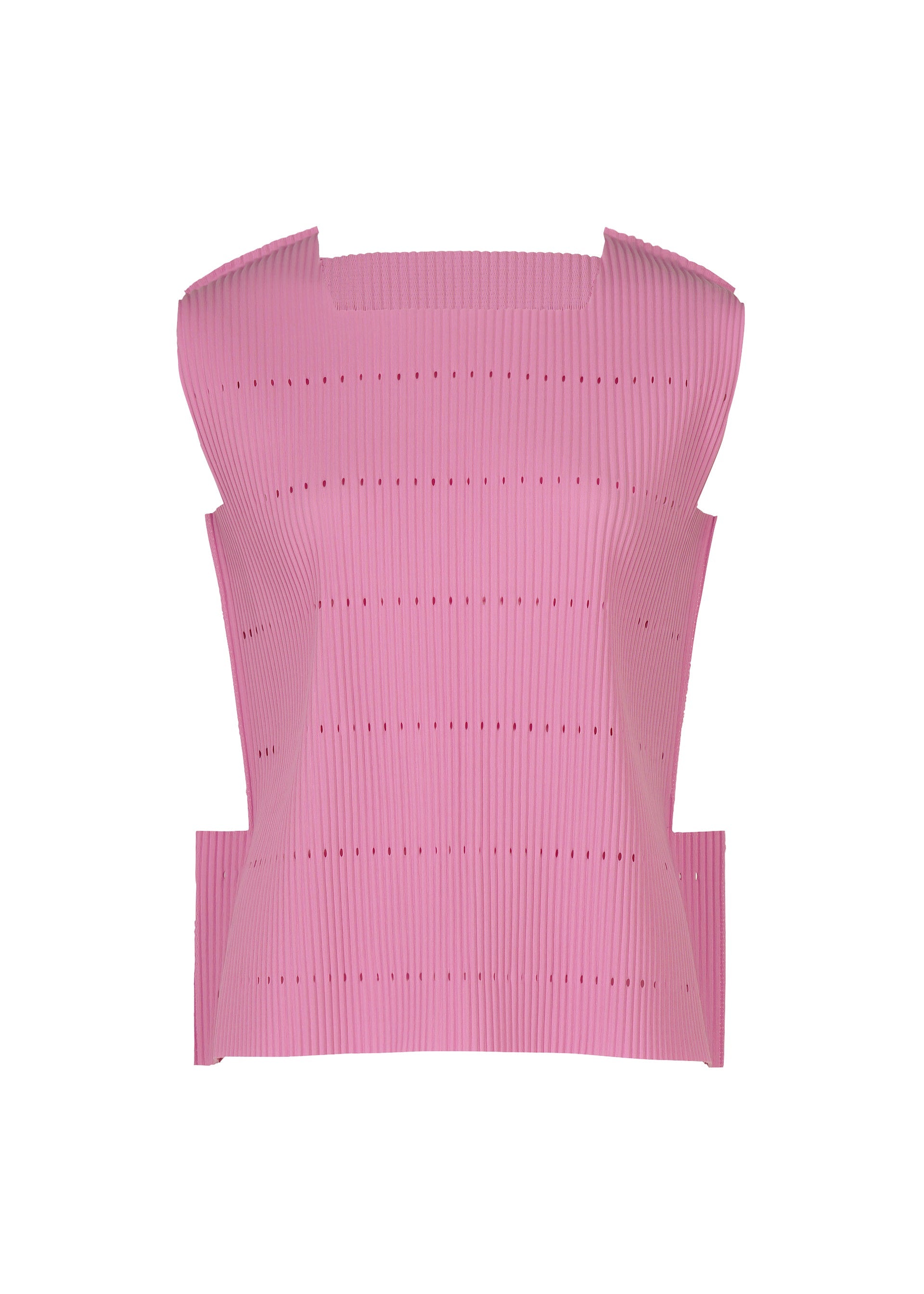 Zoomed view The TOWER PLEATS top by me ISSEY MIYAKE is a sculptural, sleeveless piece crafted from fine ribbed pink knit with pleated details, featuring a structured angular silhouette and vertical perforated lines, shown against a plain white background. - ROSE PINK （no.20）