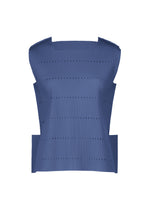 The TOWER PLEATS top from me ISSEY MIYAKE is a blue, sleeveless piece with structured shoulders and a high neckline, featuring ribbed, sculptural fine knit pleats and small perforations arranged in rows throughout the fabric. - BLUE （no.72）