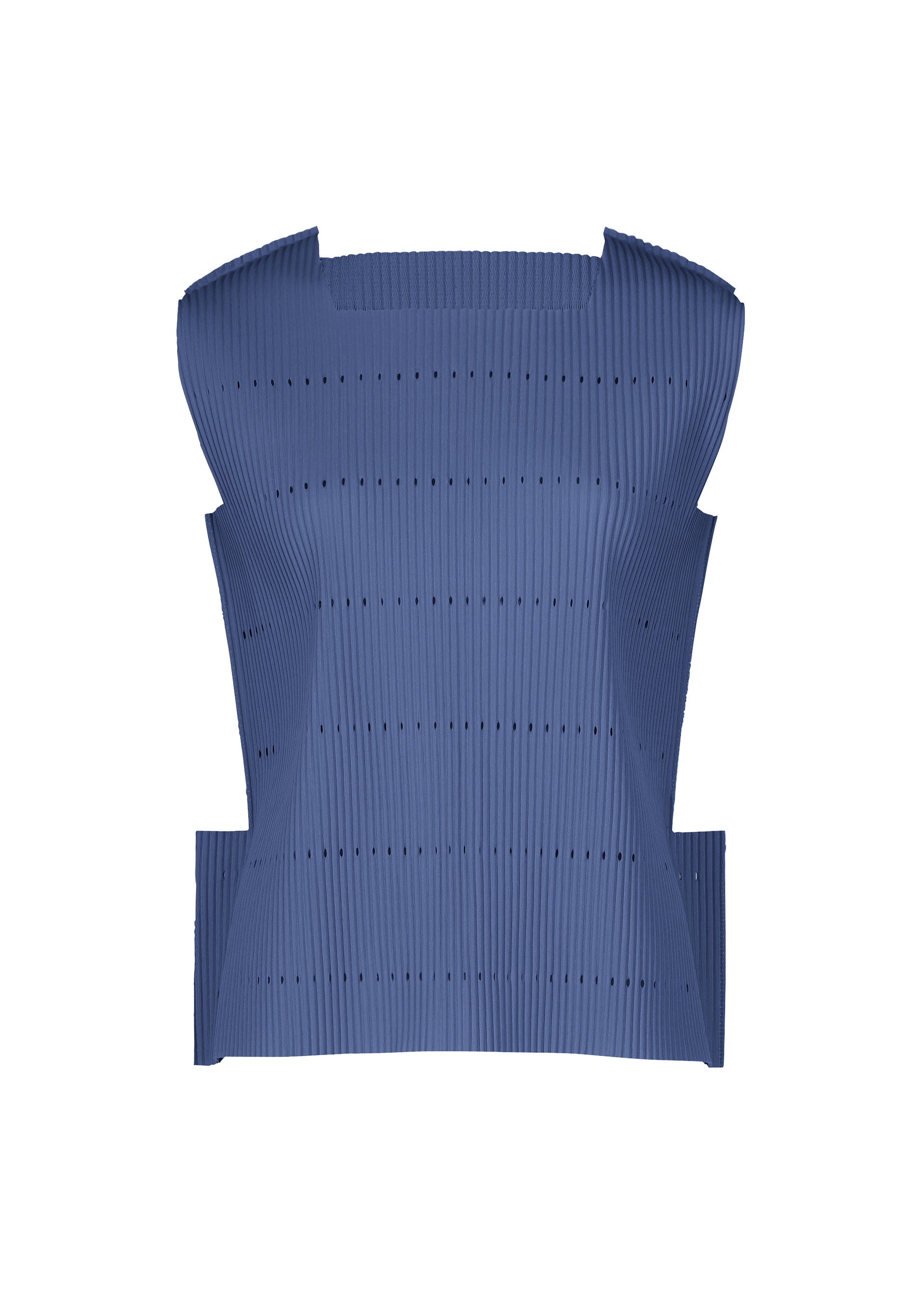 Zoomed view The TOWER PLEATS top from me ISSEY MIYAKE is a blue, sleeveless piece with structured shoulders and a high neckline, featuring ribbed, sculptural fine knit pleats and small perforations arranged in rows throughout the fabric. - BLUE （no.72）
