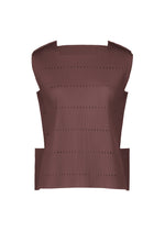 The TOWER PLEATS top by me ISSEY MIYAKE is a structured, sleeveless brown piece showcasing vertical fine knit pleats, angular shoulders, and a boxy silhouette. Its material features a pleated knit texture with small perforations throughout. - BORDEAUX （no.84）