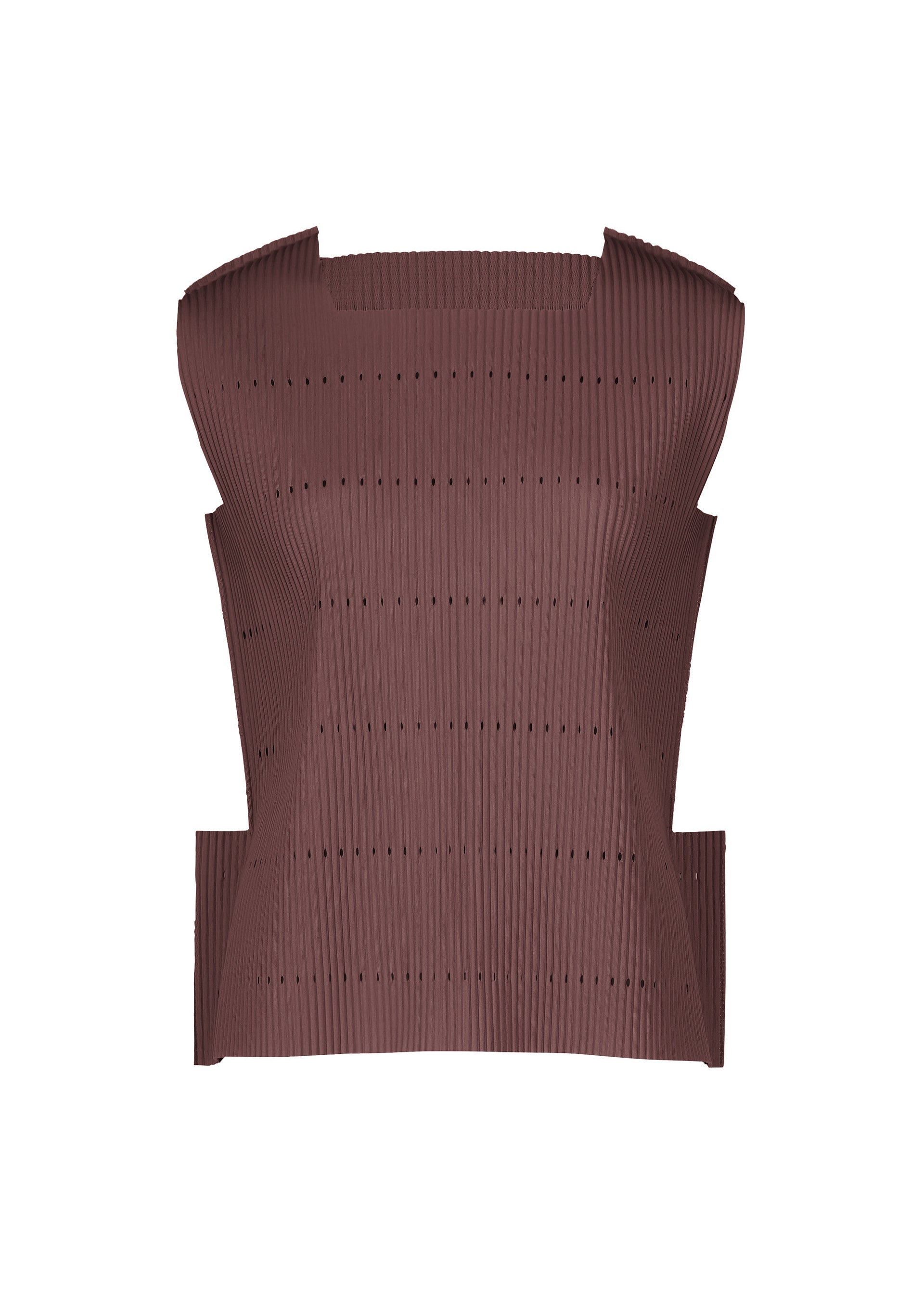 Zoomed view The TOWER PLEATS top by me ISSEY MIYAKE is a structured, sleeveless brown piece showcasing vertical fine knit pleats, angular shoulders, and a boxy silhouette. Its material features a pleated knit texture with small perforations throughout. - BORDEAUX （no.84）
