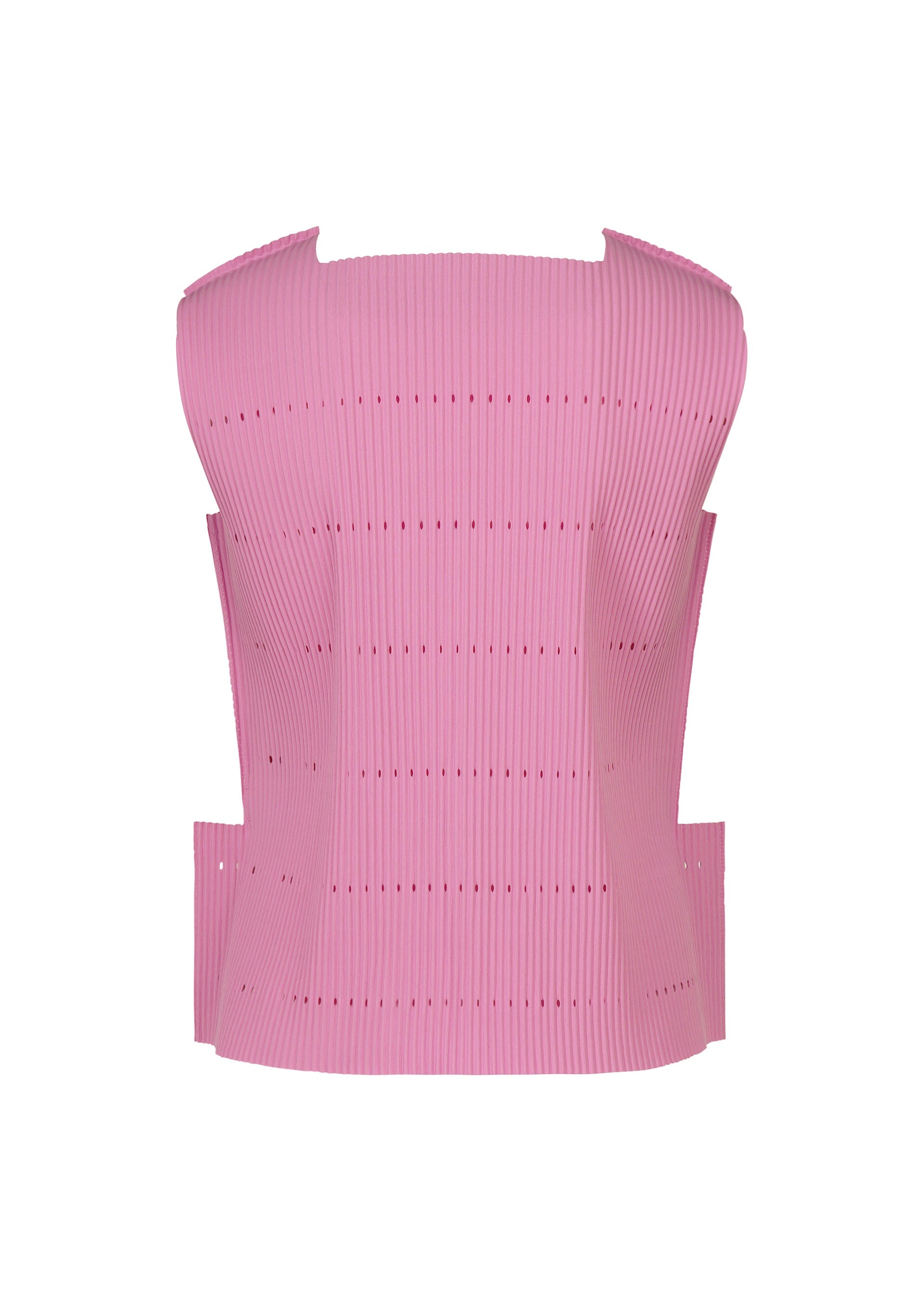Zoomed view A pink, sleeveless top from me ISSEY MIYAKE’s TOWER PLEATS collection, featuring vertical ribbing, delicate perforations, and a structured, sculptural silhouette crafted from fine knit pleats.