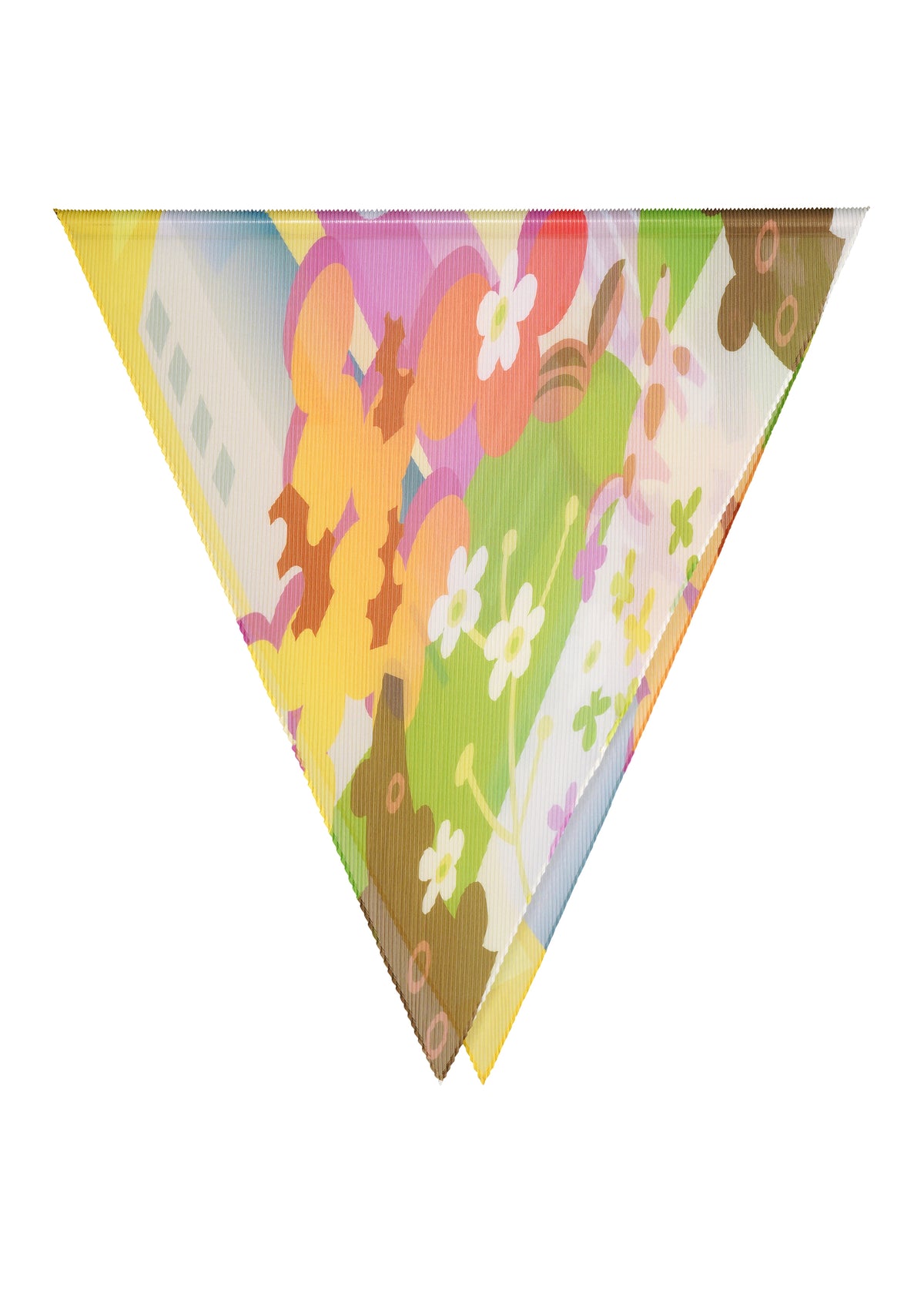The PLEATS STOLE / NY by me ISSEY MIYAKE features a vibrant floral pattern in pink, yellow, green, and white—an eye-catching accessory for your next stroll through Madison Square Park. view 2 of 5