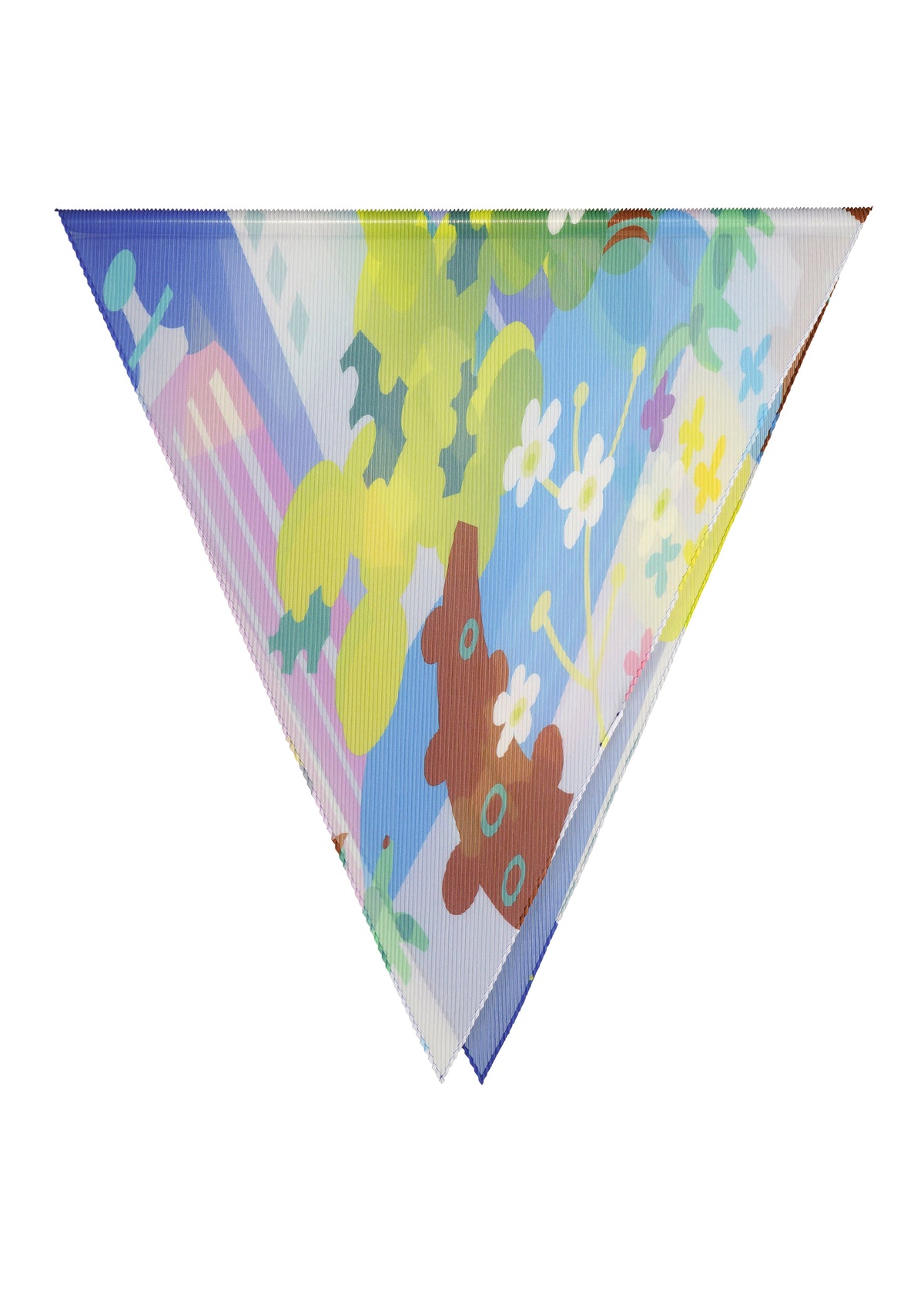 The PLEATS STOLE / NY by me ISSEY MIYAKE is a colorful, triangular pleated stole with abstract patterns, green leaves, flowers, and bear-like shapes on a pastel background. view 1 of 5