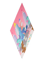 The PLEATS STOLE / NY by me ISSEY MIYAKE is a colorful square cloth featuring stylized city buildings, trees, and flowers in pastel pink, blue, yellow, and brown on a white background.