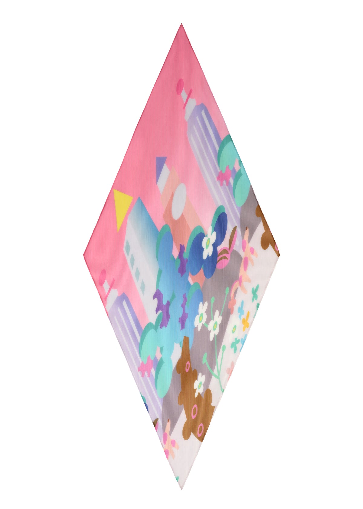 Zoomed view The PLEATS STOLE / NY by me ISSEY MIYAKE is a colorful square cloth featuring stylized city buildings, trees, and flowers in pastel pink, blue, yellow, and brown on a white background.