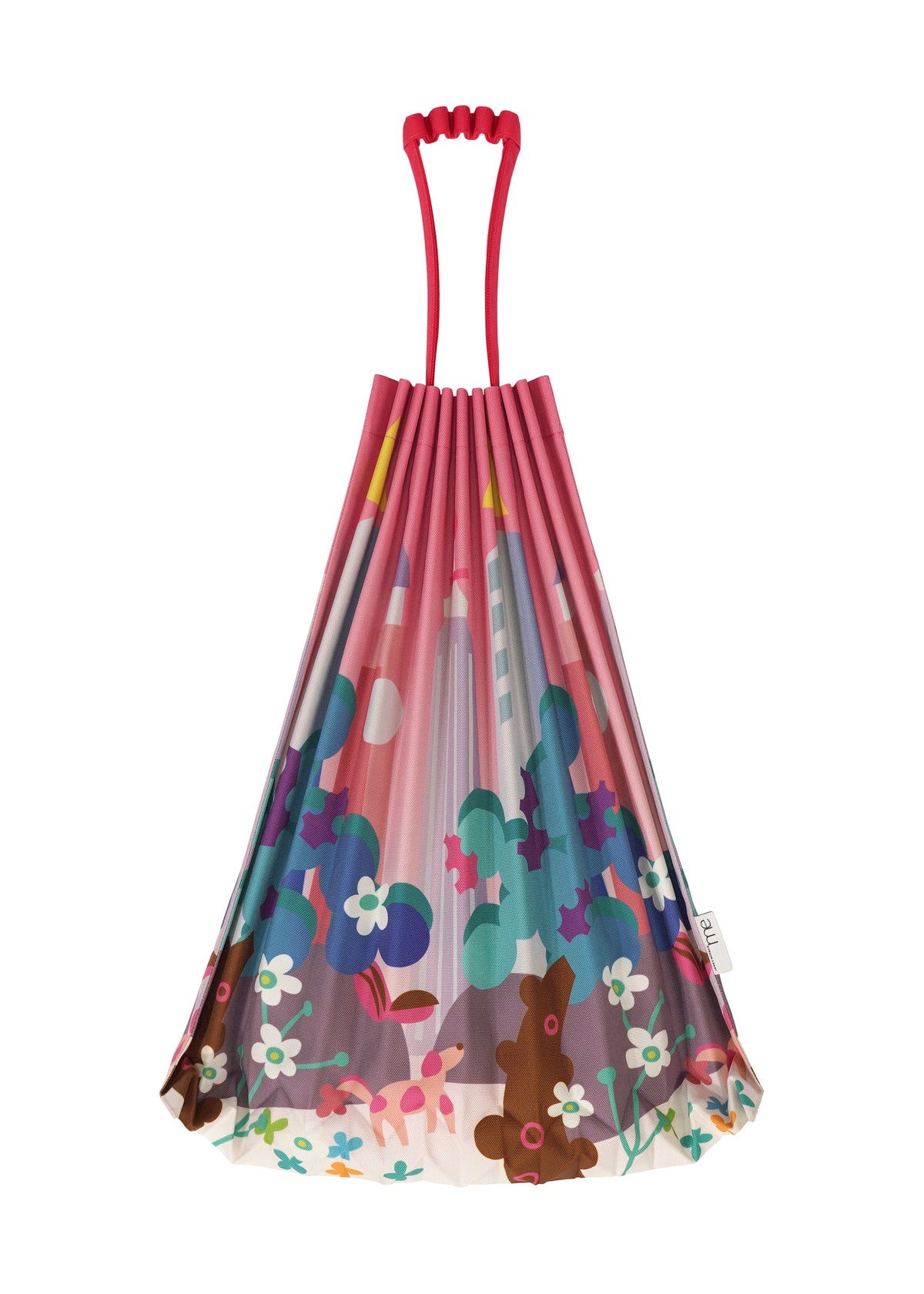 A vibrant TRUNK PLEATS BAG / NY by me ISSEY MIYAKE, featuring red handles and playful floral, tree, and bear motifs on pink—ideal for a stroll in Madison Square Park. view 5 of 6