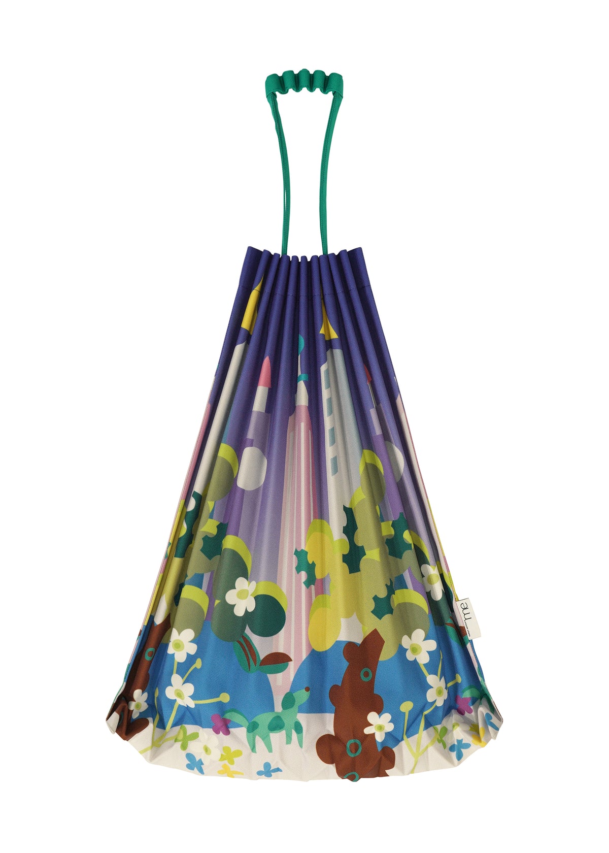 The TRUNK PLEATS BAG / NY by me ISSEY MIYAKE features a green handle and whimsical prints of cartoon animals, flowers, and trees beneath a purple sky, evoking a playful vibe perfect for Madison Square Park. view 6 of 6