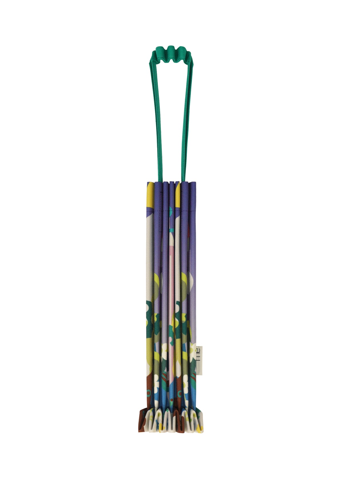 A colorful, patterned foldable walking cane with a green elastic handle holder stands upright against a white background, reminiscent of the me ISSEY MIYAKE TRUNK PLEATS BAG / NY. view 3 of 7