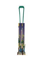 A colorful, patterned foldable walking cane with a green elastic handle holder stands upright against a white background, reminiscent of the me ISSEY MIYAKE TRUNK PLEATS BAG / NY. - BLUE-HUED （no.78）