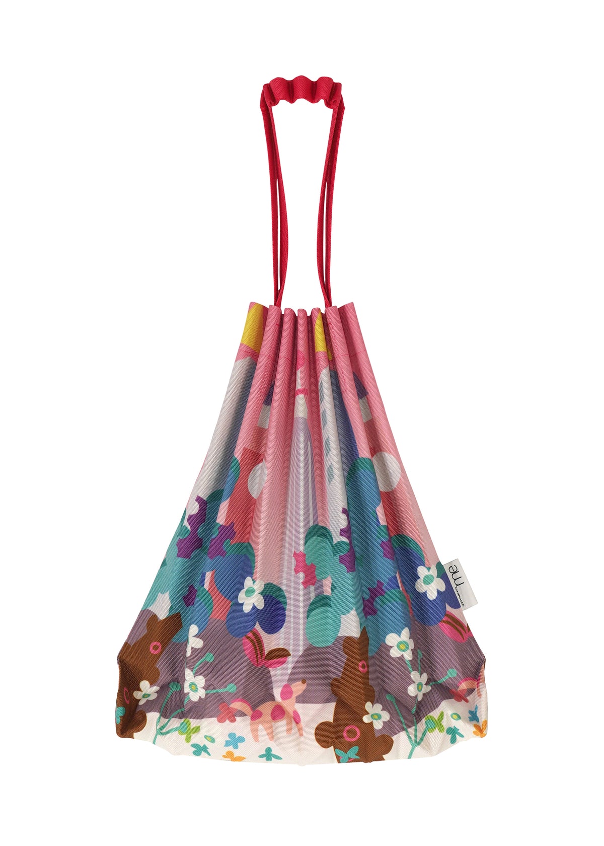 Carry your essentials in style with the TRUNK PLEATS BAG / NY from me ISSEY MIYAKE—a reusable mini tote featuring a pink, blue, and brown floral pattern and red handles, perfect for outings. view 5 of 7