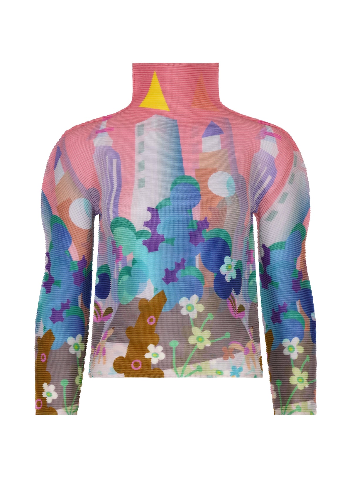 The STRETCH PLEATS / NY top by me ISSEY MIYAKE is a vibrant, long-sleeve, high-neck piece with playful shapes and abstract cityscapes on a pink background. view 1 of 4