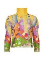 The STRETCH PLEATS / NY by me ISSEY MIYAKE is a long-sleeve high-neck top with colorful cityscape and floral prints in vibrant yellow, green, orange, blue, and pink.