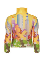 The STRETCH PLEATS / NY top from me ISSEY MIYAKE features a vibrant cityscape with tall buildings, abstract shapes, flowers, and clouds in yellow, purple, green, and orange. - YELLOW-HUED （no.59）