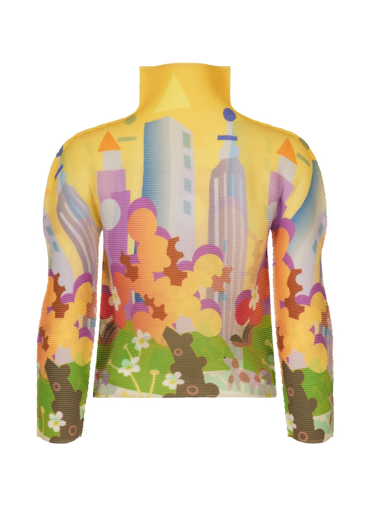 Zoomed view The STRETCH PLEATS / NY top from me ISSEY MIYAKE features a vibrant cityscape with tall buildings, abstract shapes, flowers, and clouds in yellow, purple, green, and orange. - YELLOW-HUED （no.59）