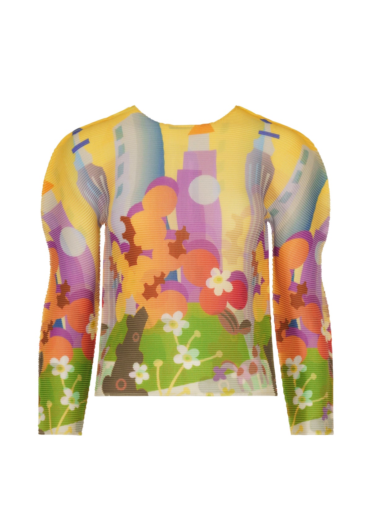 The STRETCH PLEATS / NY by me ISSEY MIYAKE is a long-sleeved top with colorful abstract cityscape and floral designs in yellow, purple, orange, green, and red on signature STRETCH PLEATS fabric. view 1 of 4