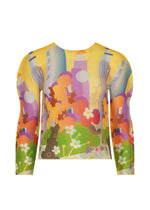 The STRETCH PLEATS / NY by me ISSEY MIYAKE is a long-sleeved top with colorful abstract cityscape and floral designs in yellow, purple, orange, green, and red on signature STRETCH PLEATS fabric. - YELLOW-HUED （no.59）