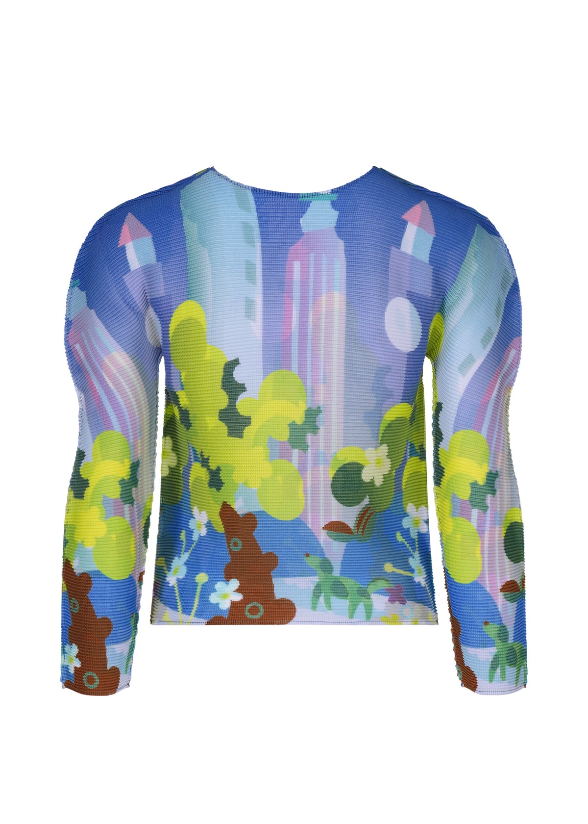 Long-sleeved top in me ISSEY MIYAKE’s STRETCH PLEATS / NY, featuring a vibrant cityscape with tall buildings, clouds, trees, and flowers set against a blue sky for style and comfort. view 4 of 4