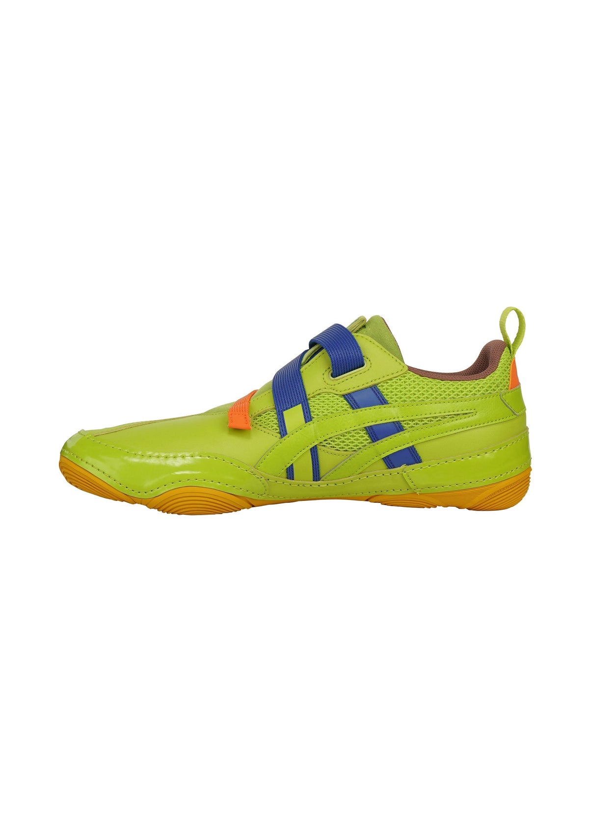 The HYPER TAPING sneaker by ISSEY MIYAKE FOOT features a bright lime green color, blue tape-inspired straps, orange details, and a yellow textured sole, shown in a side view on a white background. view 3 of 6